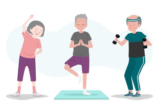 노인 셋이 스트레칭과 요가, 아령을 든 모습을 그린 그림