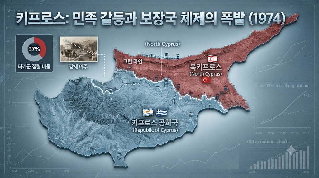 그리스계와 터키계가 섞여 살던 키프로스는 1960년 독립 후 민족 갈등이 폭발했습니다. 1974년 그리스 쿠데타와 터키의 침공으로 섬 북쪽 37%가 점령되었고, 50년 넘게 유지된 '그린 라인'이 섬을 갈라놓았습니다. 북키프로스는 터키만 인정하는 미승인 국가로 남았습니다.