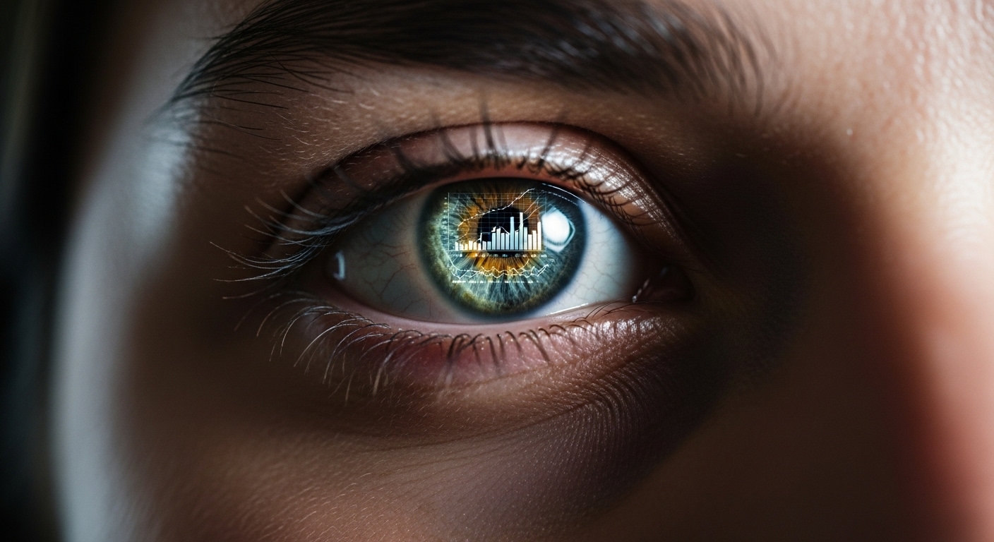 데이터 차트를 응시하며 깊은 생각에 잠긴 사람의 눈동자. AI가 제공한 정보를 비판적으로 분석하는 모습을 상징한다.