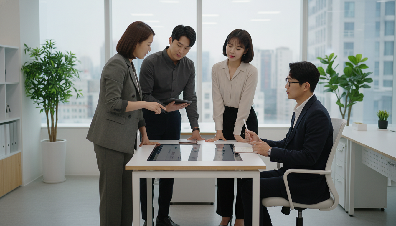 5인 미만 사업장의 근로자의 날 수당에 대해 상의하는 한국 직원들.