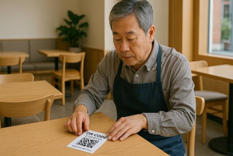 디지털 바우처를 활용해 QR 주문 시스템을 도입 중인 중장년 외식업 점주