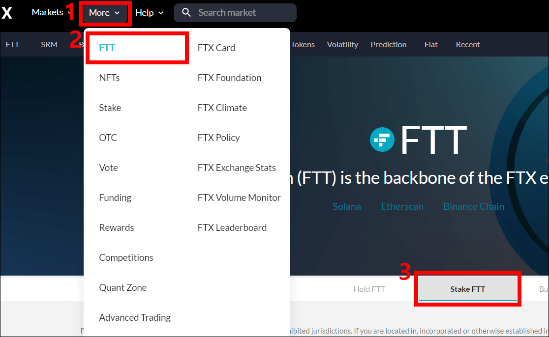 More → FTT → Stake FTT 메뉴를 순서대로 누르게끔 안내하는 사진