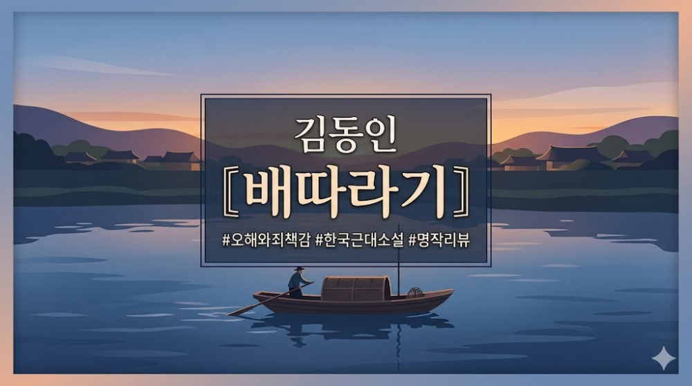 김동인의 단편소설 배따라기 서평을 위한 썸네일 이미지. 평화로운 대동강 위를 유랑하는 나룻배 일러스트 배경에 '김동인 배따라기'라는 제목이 정중앙에 배치되어 있음.
