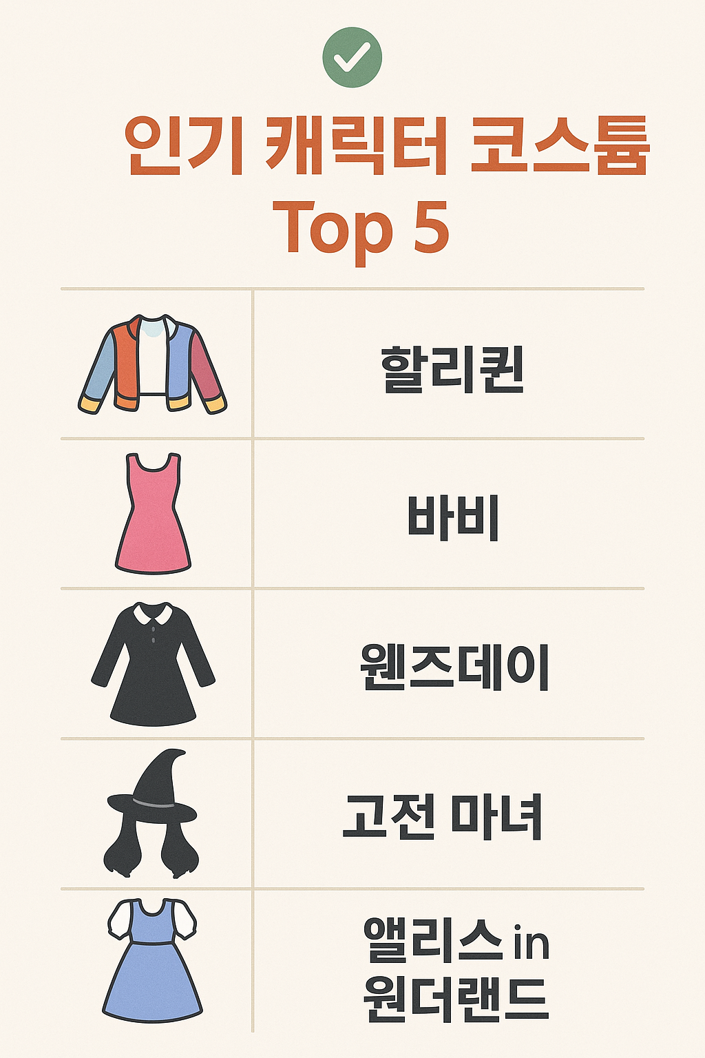 인기 캐릭터 코스튬 Top 5.