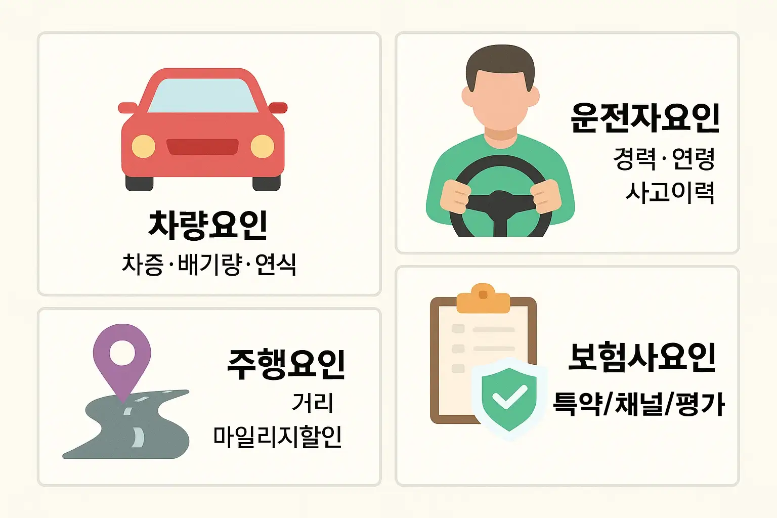 자동차보험료 산출에 영향을 주는 차량요인(차종&middot;배기량&middot;연식), 운전자요인(경력&middot;연령&middot;사고이력), 주행요인(거리&middot;마일리지할인), 보험사요인(특약&middot;채널&middot;평가)을 항목별로 비교 정리한 인포그래픽입니다.