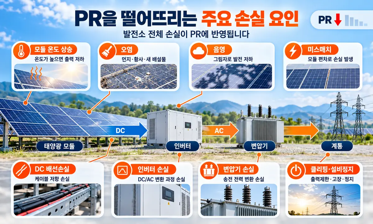 태양광 PR을 낮추는 온도 오염 음영 등 손실 요인