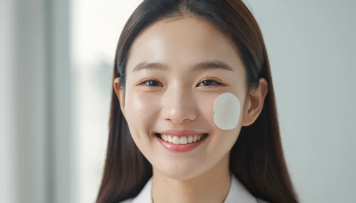 여드름 패치를 붙이고 환하게 웃는 여성의 모습