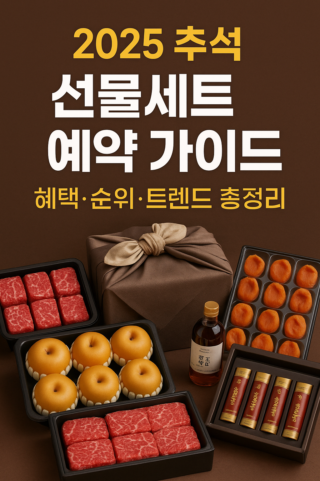 2025 추석 선물세트 예약 가이드 썸네일, 한우·배·곶감·전통주 등 명절 선물세트가 정갈히 배치된 실사 이미지