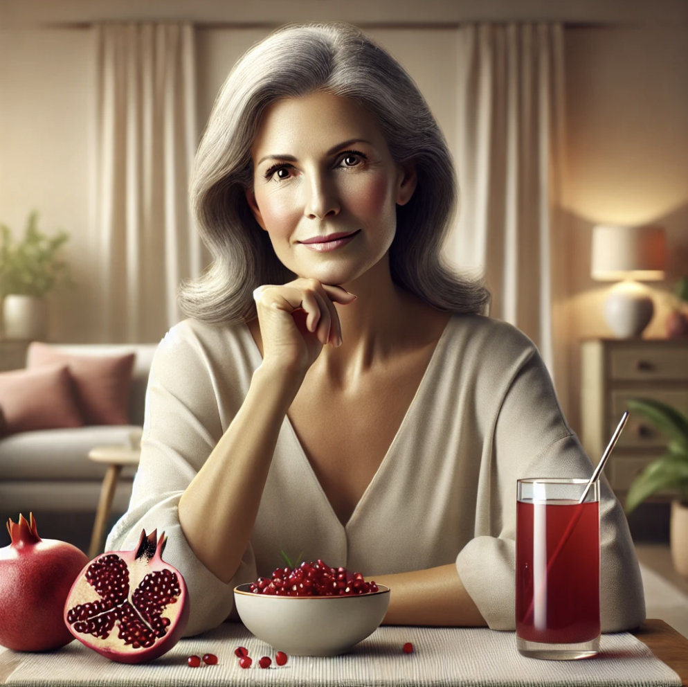 석류와 석류주스를 먹고 있는 중년 여성