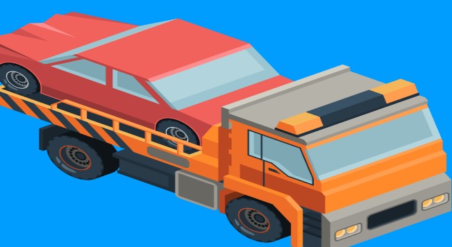 빨간 자동차를 견인 중인 오렌지색 견인차 이미지
