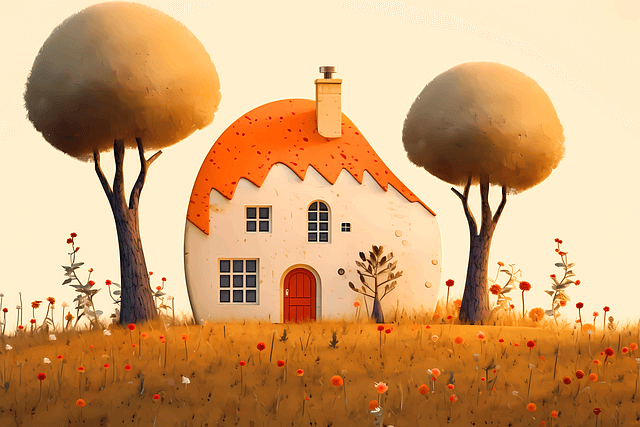 들판에 단독주택이 있다. 주황색 지붕이고 집 양 옆에는 커다란 나무가 있다.