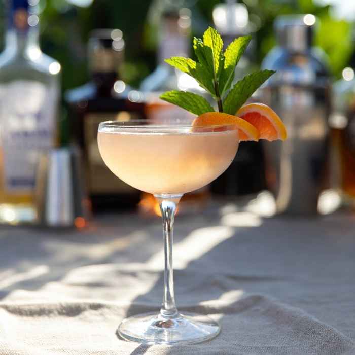 민트 가니시와 분홍빛 액체가 조화로운 우아한 더비 칵테일 완성 사진