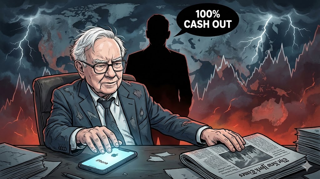 한 손에는 아이폰을 내려놓고, 다른 한 손으로는 'The New York Times' 신문을 읽고 있는 워런 버핏의 캐리커처