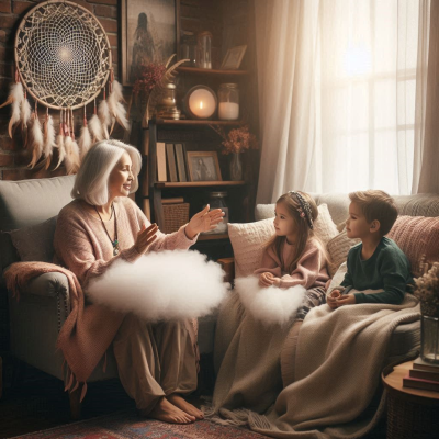 아이들과 함께 앉아있는 할머니가, 꿈속에서 환상적인 구름을 보고 있는 장면입니다.