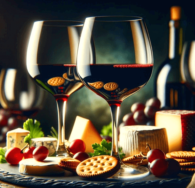 2개의 와인잔에 붉은 포도주가 약간 담겨있고 주변엔 포도들과 크래커, 치즈가 있다.