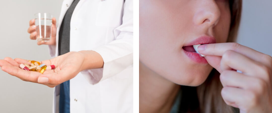 손바닥에 영양제를 들고 있는 사진과 영양제를 입에 넣는 사진