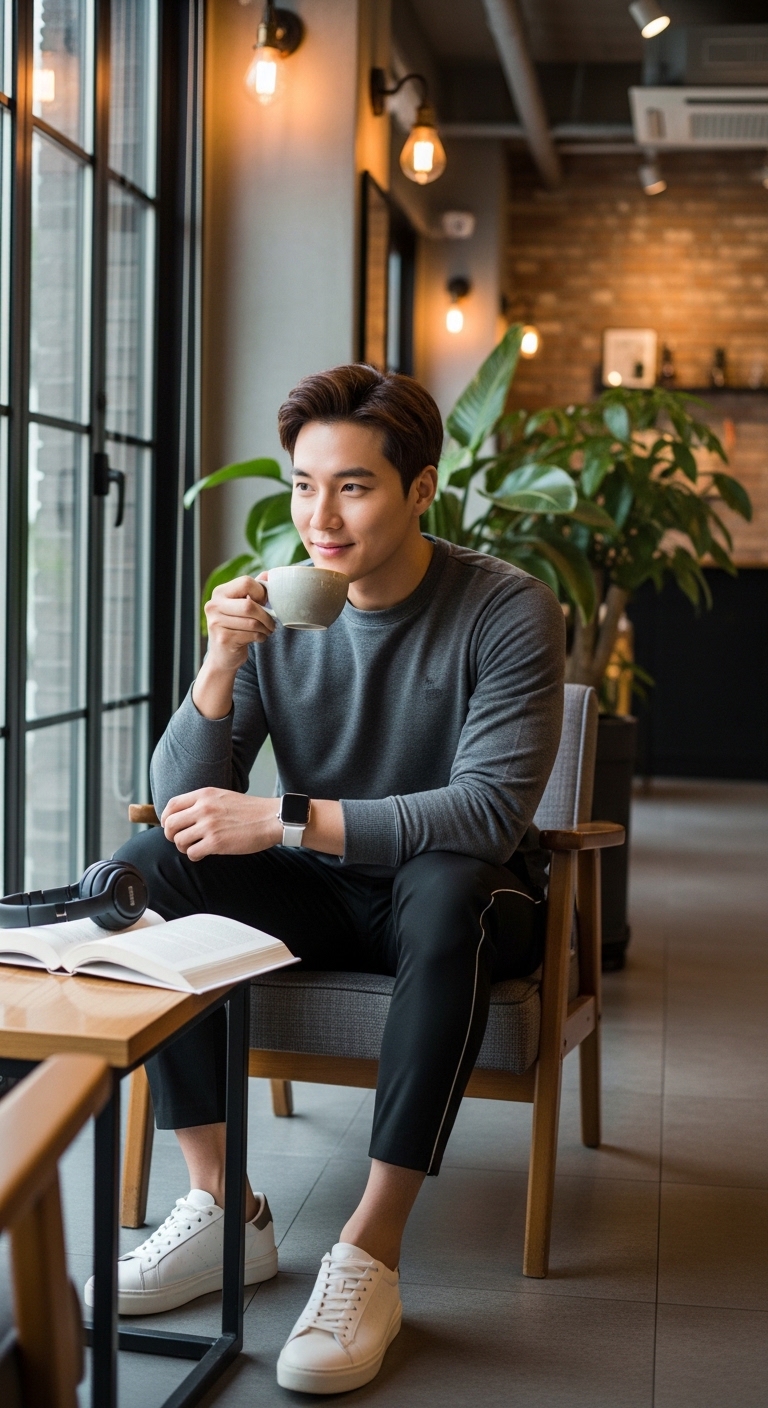 카페에서 세련된 애슬레저 룩을 입고 여유를 즐기는 모습