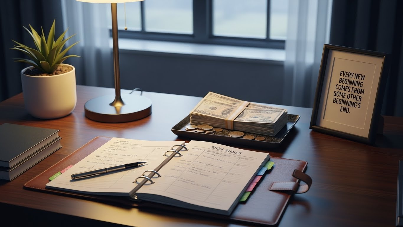 새해 예산 계획을 세우는 세련된 분위기의 데스크테리어 이미지. 신뢰감과 시작의 의미를 담았습니다.