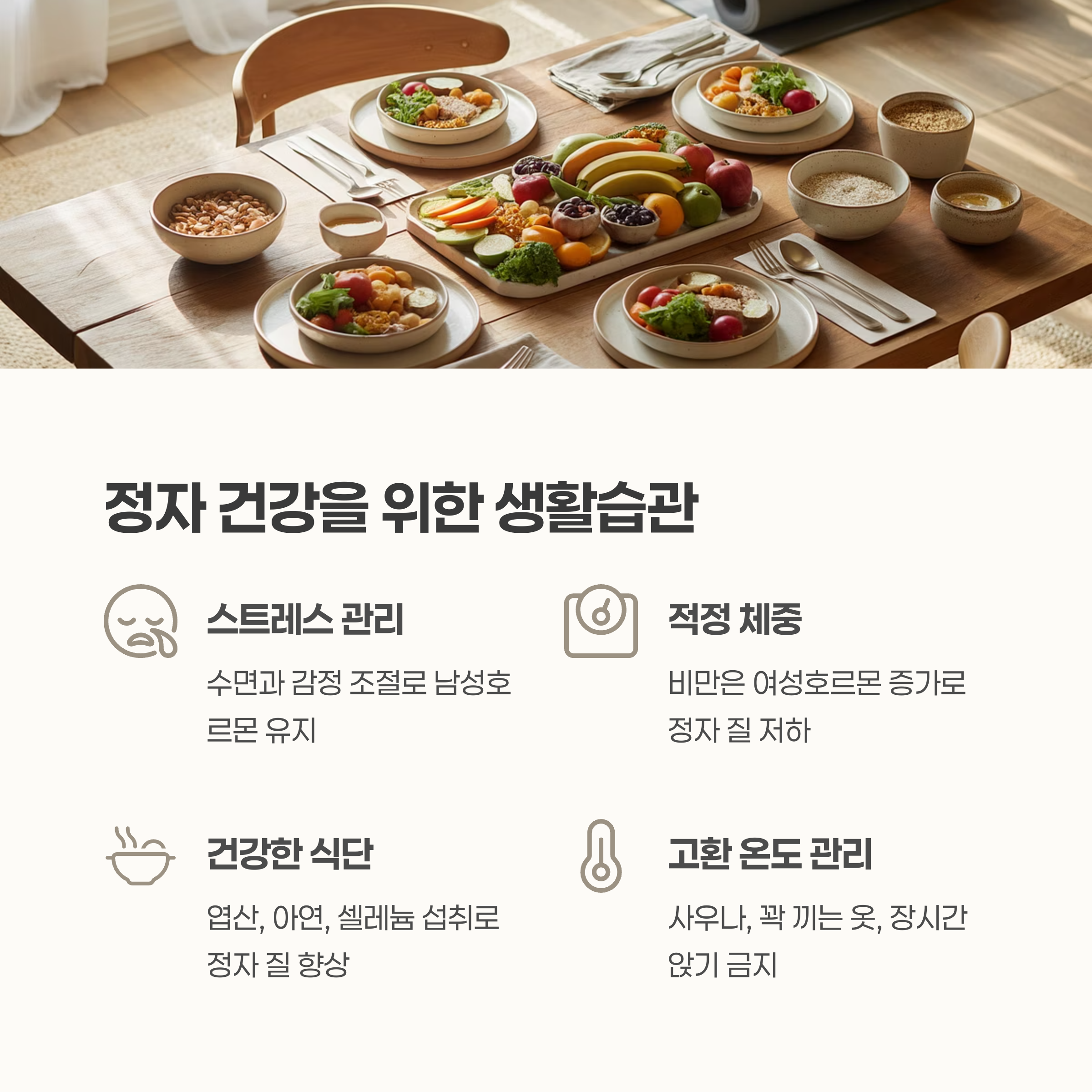 건강한 식단이 차려진 식탁 이미지와 함께 정자 건강을 위한 생활습관(스트레스 관리, 체중, 식단, 온도 관리)을 소개하는 안내