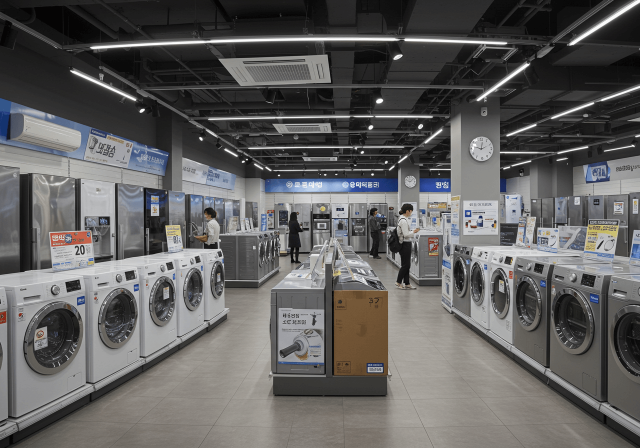 한국 전자제품 매장에서 냉장고와 세탁기, 에어컨이 줄지어 진열된 모습