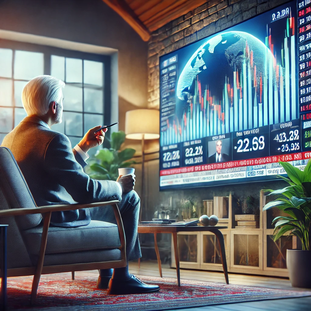 거실에서 경제 뉴스를 시청하며 투자 정보를 확인하는 은퇴 투자자