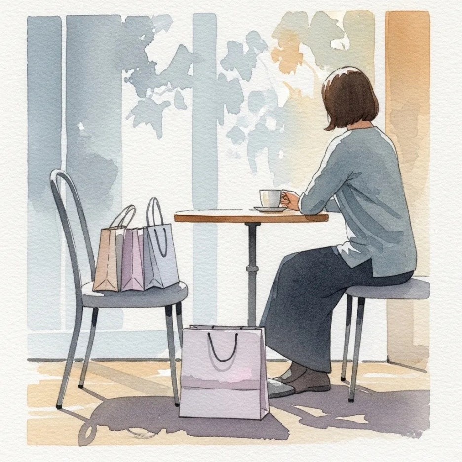 쇼핑 후 여유롭게 휴식을 취하는 모습