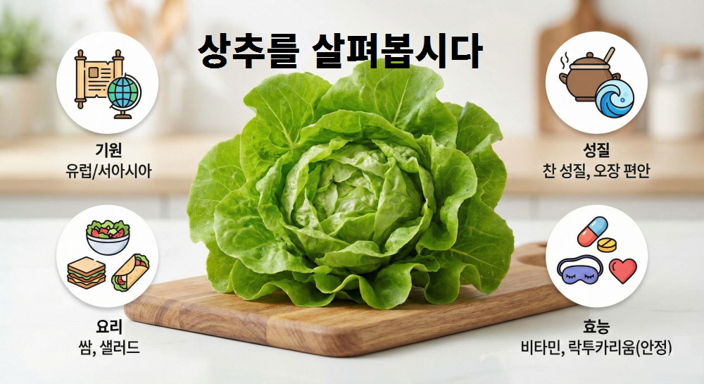 유럽 원산지 기원과 차가운 성질 및 락투카리움 성분을 설명하는 상추 효능 기본 정보