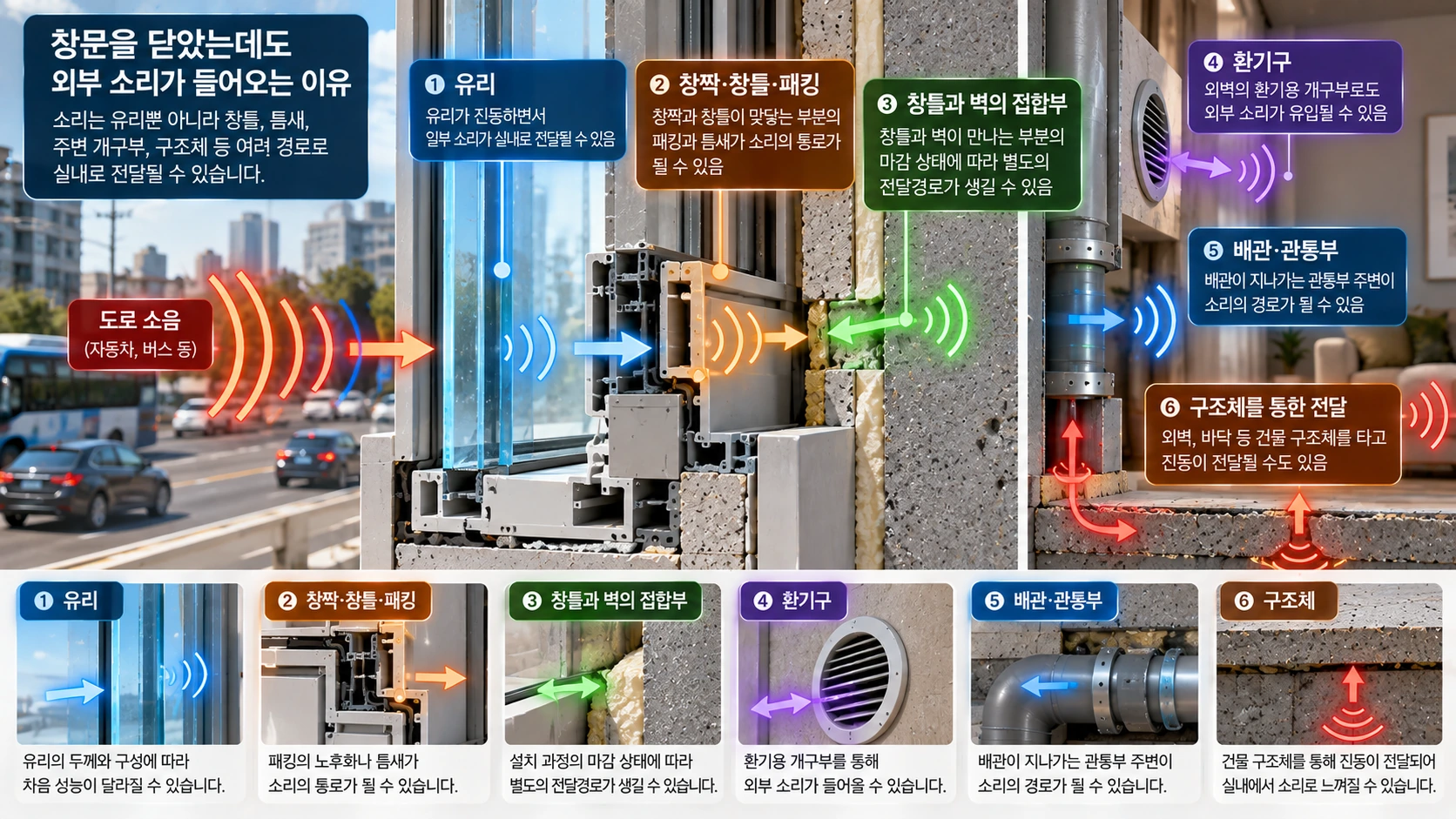창문을 닫아도 자동차 소리가 유리 창틀 틈새 접합부와 다른 경로로 들어오는 원리