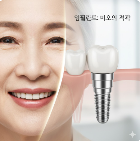 미소 짓는 노인의 치아와 임플란트 나사 이미지가 결합된 이미지