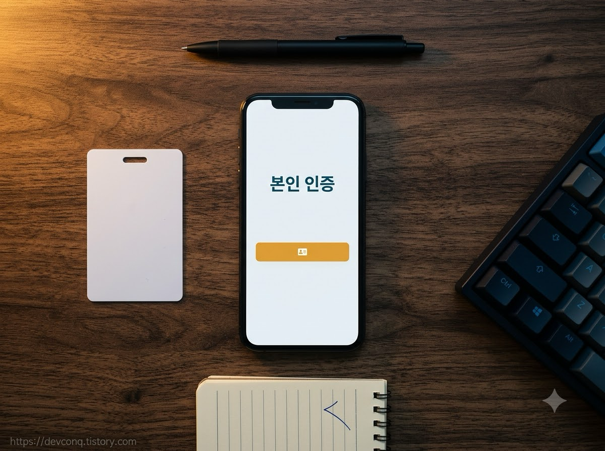 휴대폰 화면의 본인 인증 단계와 옆에 놓인 신분증, 책상 위 부감 구도