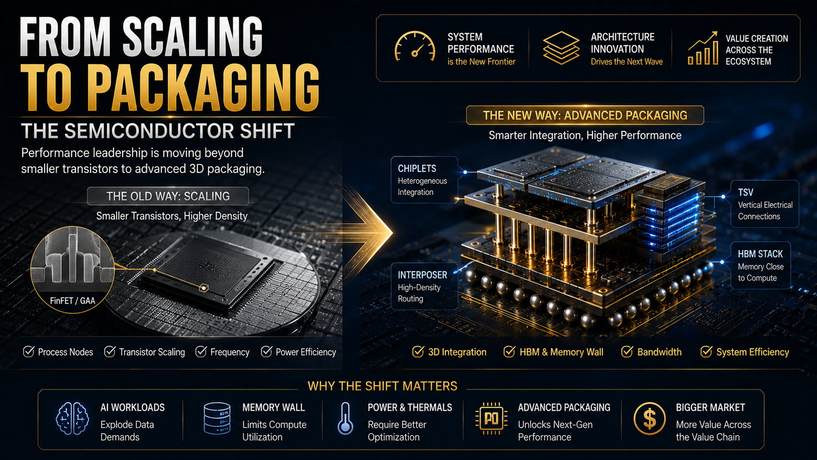Semiconductor shift from transistor scaling to advanced packaging with TSV HBM and chiplets