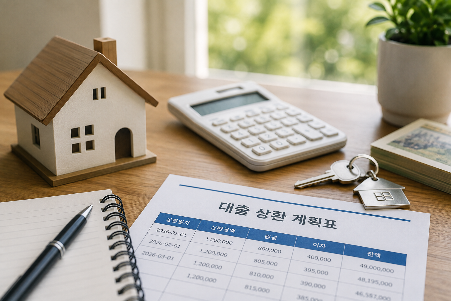 주택 모형과 계산기, 열쇠, 대출 상환 계획표가 놓인 금융 이미지