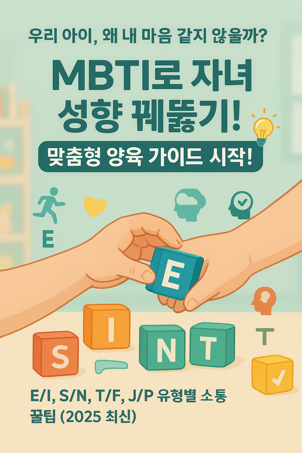 부모의 손과 아이의 손이 MBTI 알파벳 블록(E, I, S, N, T, F, J, P) 주변에 있는 따뜻한 이미지. '우리 아이 왜 내 마음 같지 않을까?', 'MBTI로 자녀 성향 꿰뚫기', '맞춤형 양육 가이드'라는 문구가 강조됨. 각 지표별 특징과 소통 꿀팁을 제공하여 아이의 성향에 맞는 양육법을 제시하는 2025년 최신 가이드임을 시각적으로 표현.