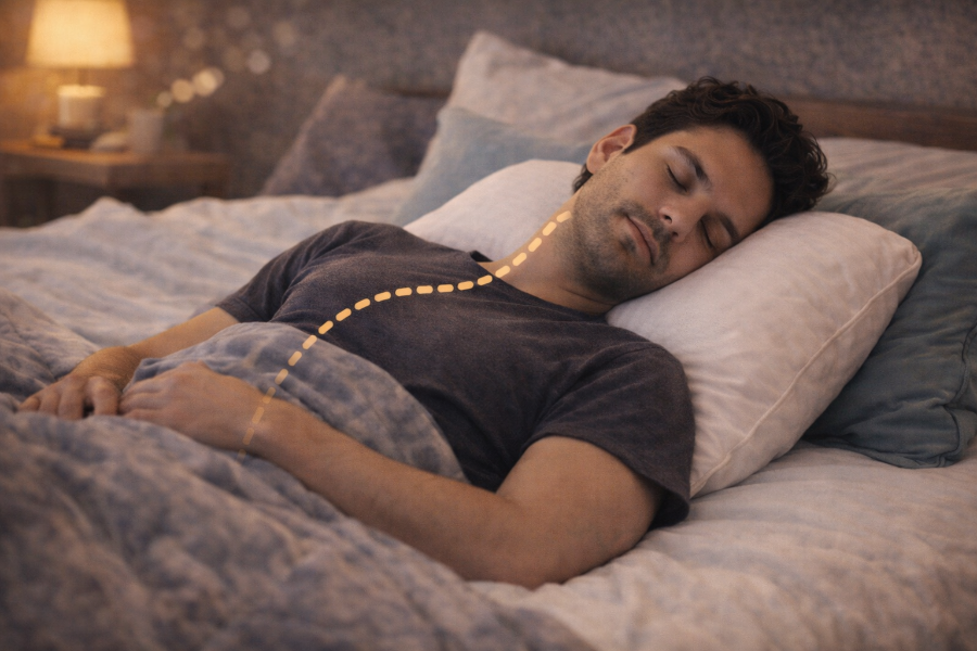 alt: " 허리에 부담 없는 반정자세 수면 "