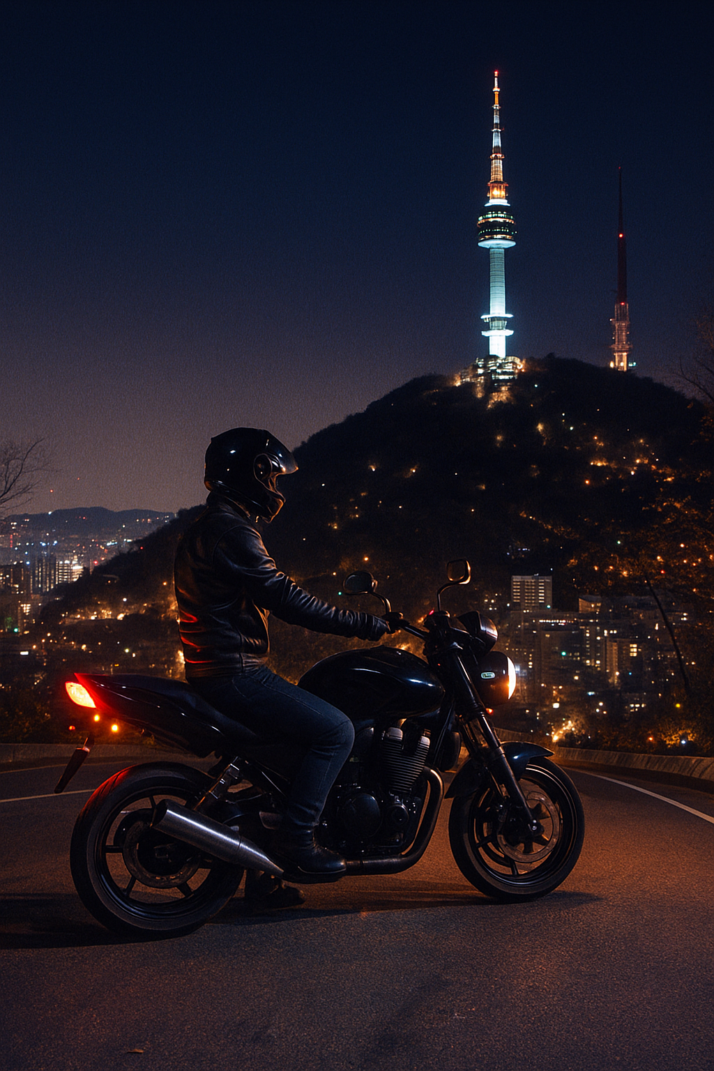 남산에서 야간 라이딩을 하는 오토바이 라이더