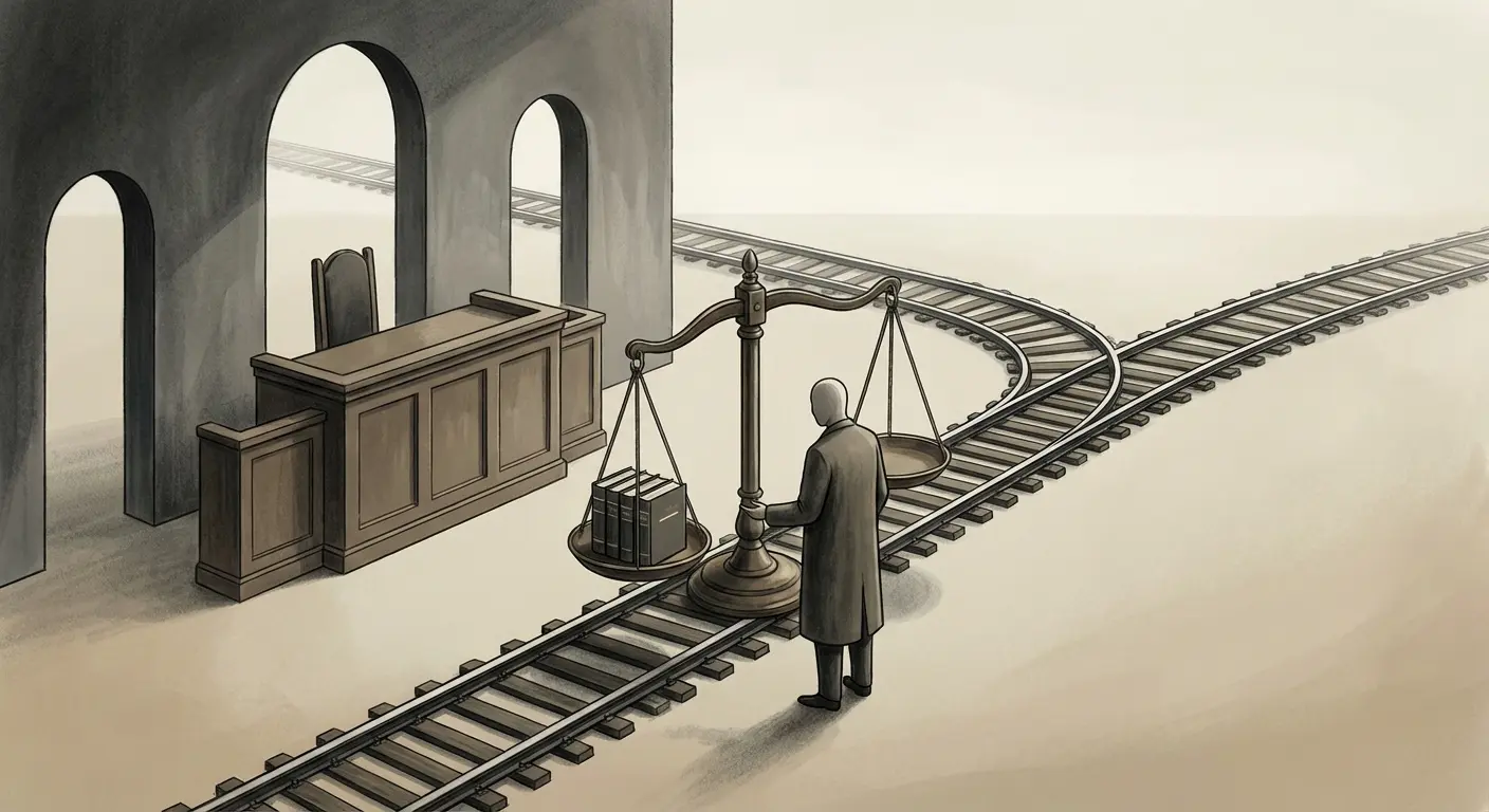 An illustration showing the conflict between moral judgment and legal responsibility in the trolley problem