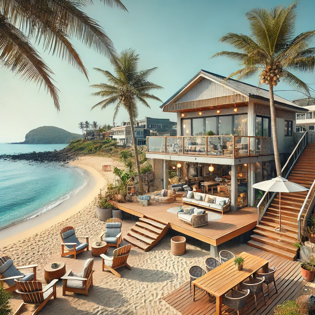 개인 해변으로 연결된 제주도의 열대풍 펜션, 야자수와 해변이 있는 평화로운 풍경.