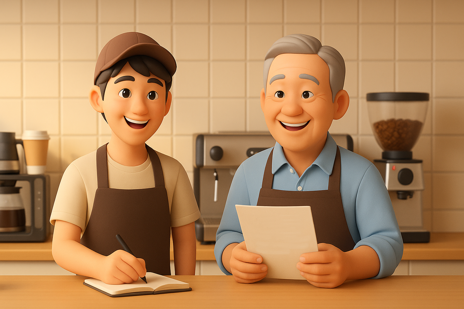 카페에서 함께 웃고 있는 젊은 직원과 경험 많은 중장년 직원의 모습