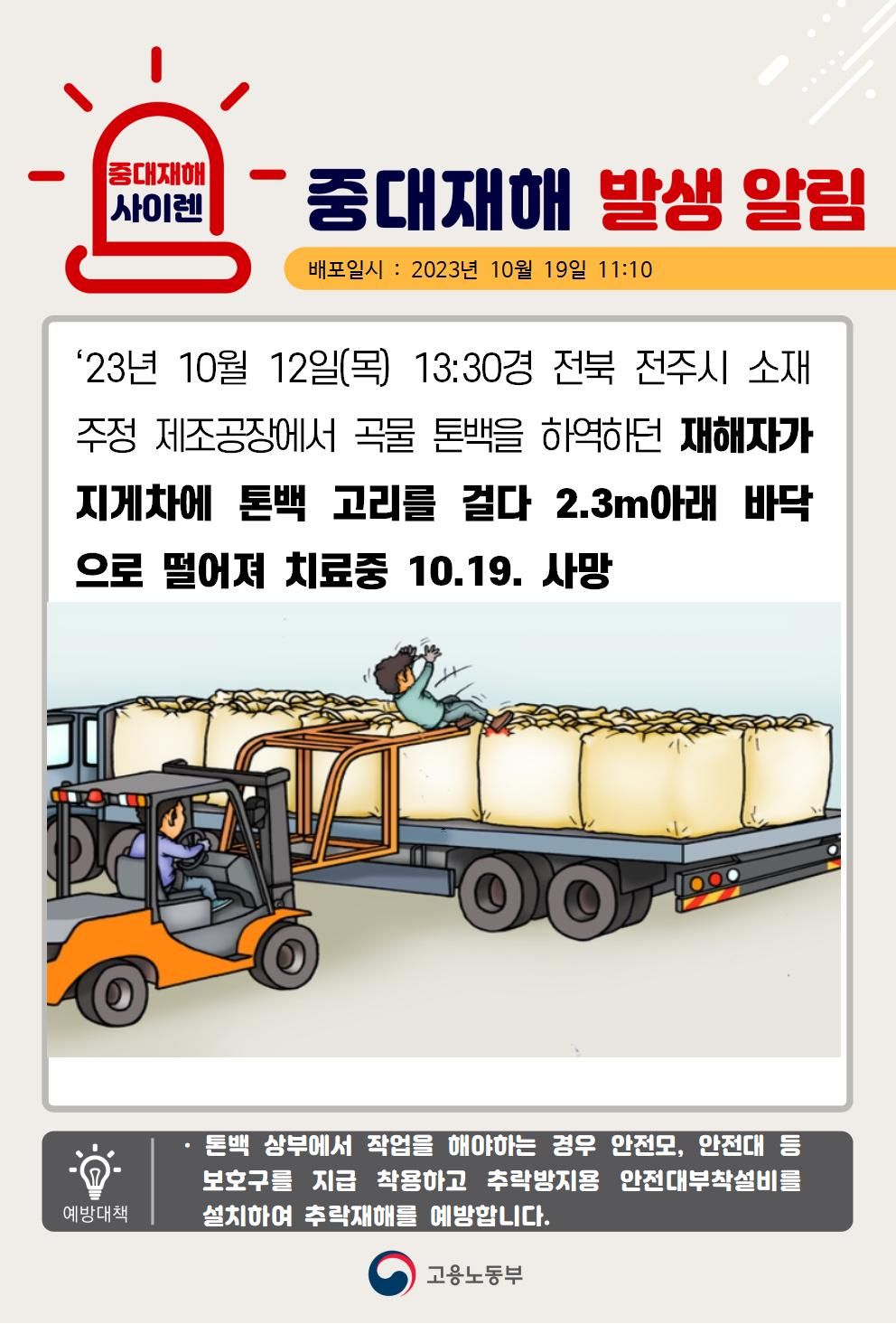 지게차에 톤백 고리를 걸던 중 떨어짐(2.3m)