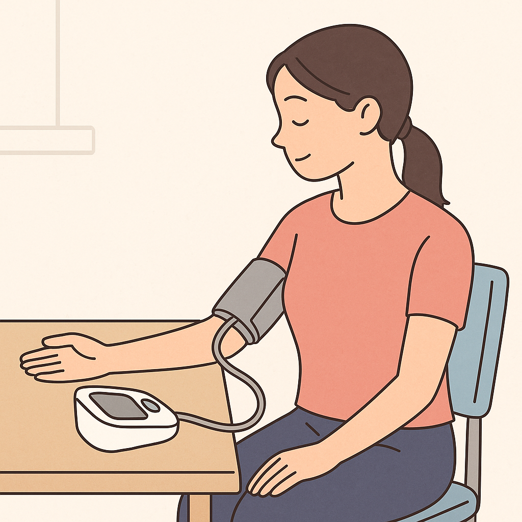 집에서 편안하게 혈압 측정하는 모습을 표현한 일러스트