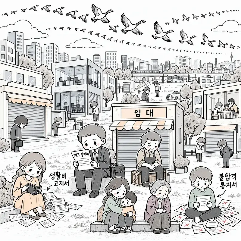 People facing unemployment, financial hardship, and business closures beneath a flock of geese