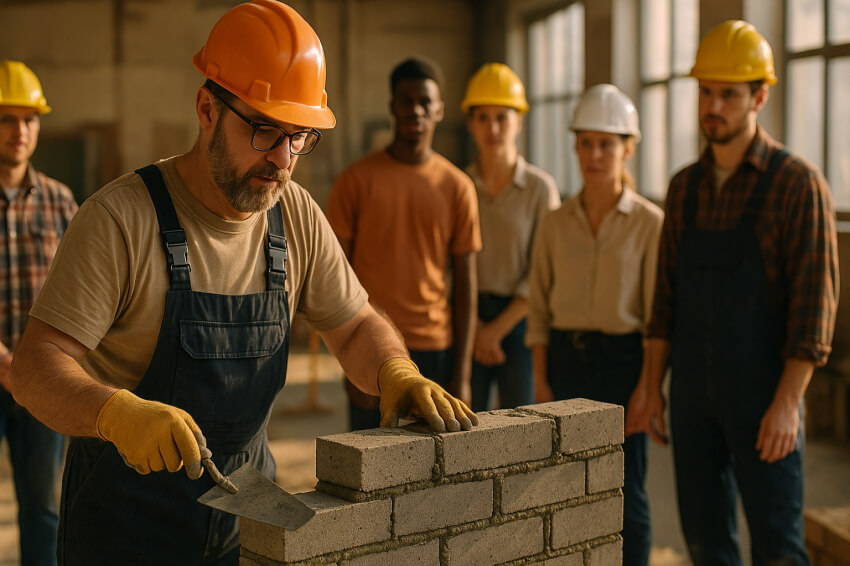 시멘트 벽돌 쌓기 기본 요령을 가르쳐 주고 있는 전문가