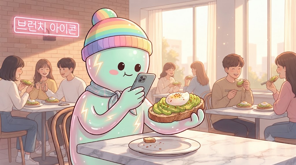 햇살이 가득 들어오는 세련된 카페, 쫀쿠가 파스텔 톤의 접시 위에 놓인 먹음직스러운 아보카도 토스트를 스마트폰으로 찍고 있습니다. 토스트 위에는 수란과 칠리 플레이크가 올라가 있고, 뒤편으로는 통유리창 너머로 도시의 풍경이 보입니다. 쫀쿠의 눈이 하트 모양입니다
