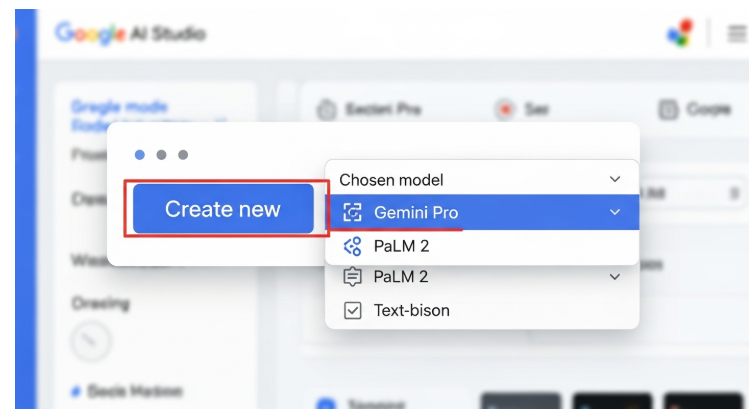 구글 AI Studio에서 'Create new' 버튼을 눌러 새 프로젝트를 시작하고, 드롭다운 메뉴에서 'Gemini Pro'모델을 선택하는 화면
