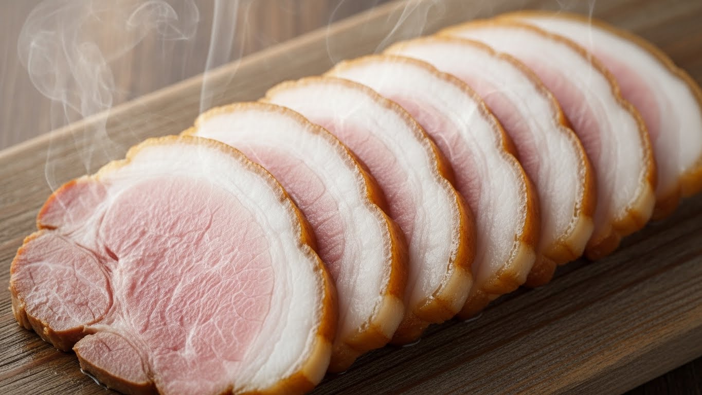 나무-도마-위에-완벽하게-익힌-물-없는-삶은-돼지고기-조각입니다.