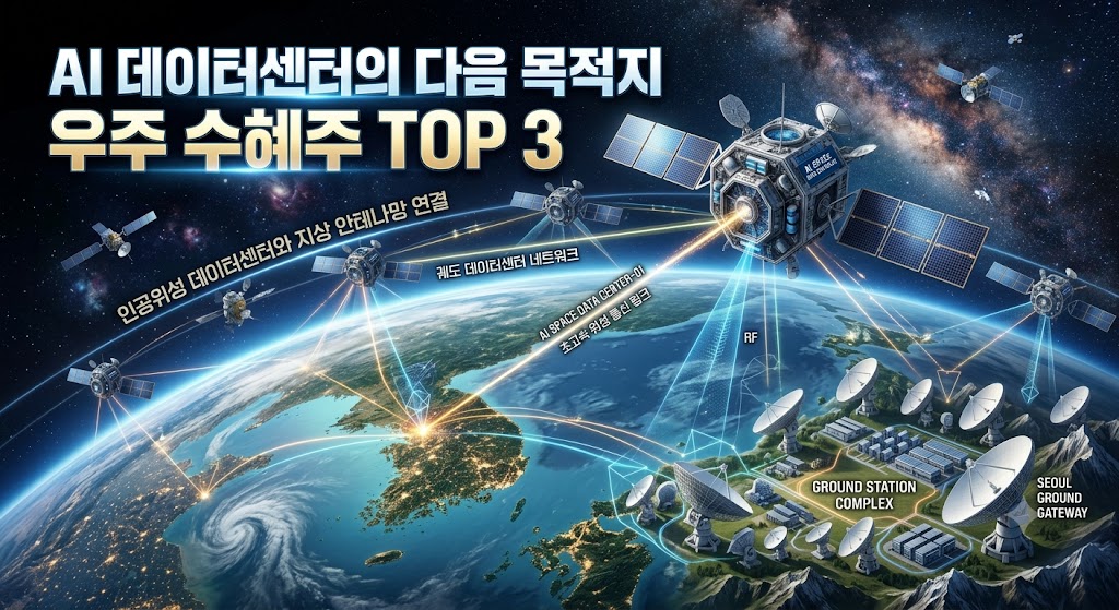 지구 궤도를 도는 인공위성 데이터센터와 지상 안테나망이 연결된 3D 그래픽 이미지 (텍스트: AI 데이터센터의 다음 목적지, 우주 수혜주 TOP 3)