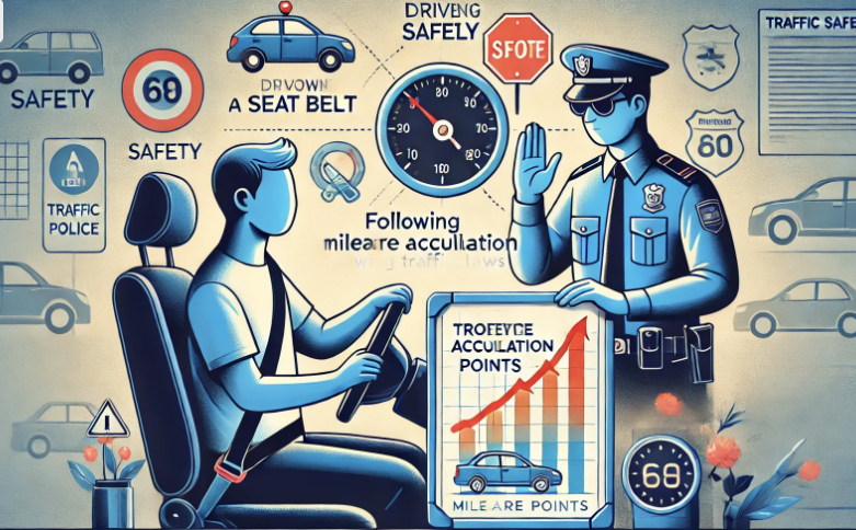 운전자가 안전하게 운전하고 있고, 차트 등을 가진 경찰관이 설명하듯 운전자 앞에 위치해 있는 사진임.