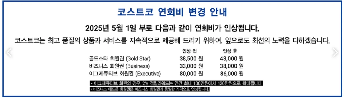 코스트코-멤버십-가격-인상-고지문-2025년 5월1일-적용-상세설명-변경전-변경후-가격