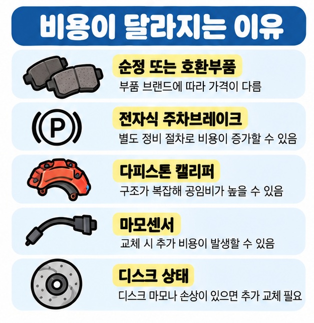 순정부품과 호환부품, 전자식 주차브레이크, 다피스톤 캘리퍼, 마모센서, 디스크 상태가 교체비용을 바꾸는 이유를 정리한 카드