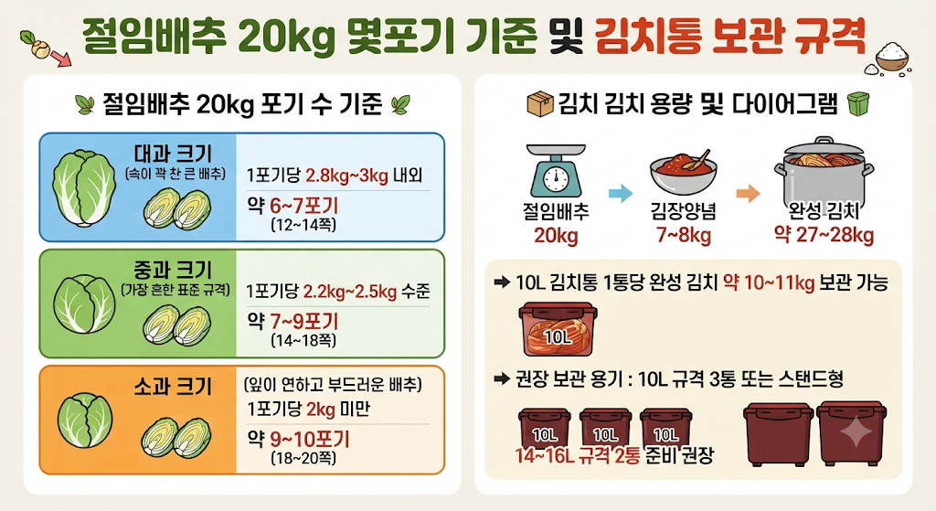 절임배추 20kg 몇포기 기준 및 김치통 보관 규격
